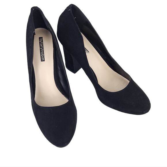By Farly Robin Black Heels Faux Suede Size 8.5 Chunky Block Heel Career Shoes - Picture 1 of 8
